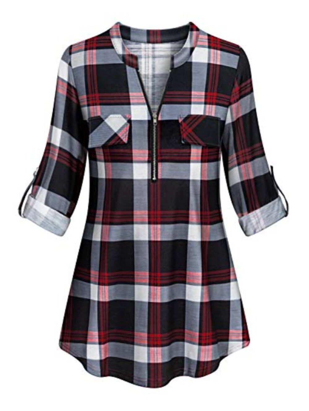 Womens Casual Long Sleeve Zip V Neck Plaid Tunic Blouse Roll Sleeve